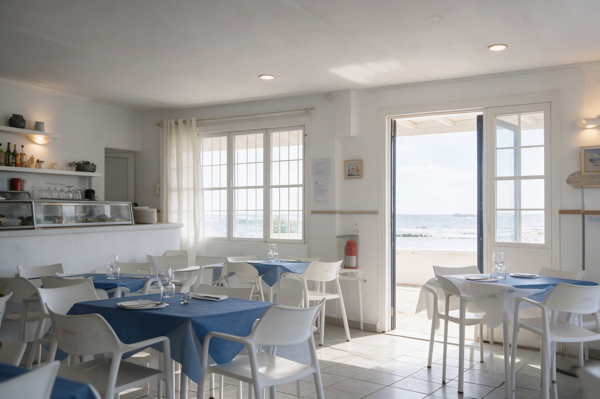Comedor de la marisquería con mesas y servicio