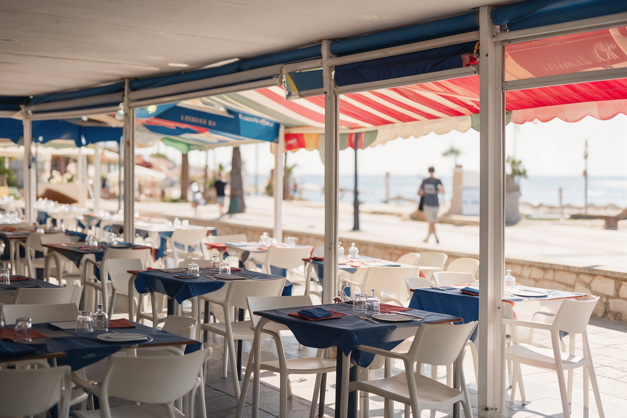 Terraza exterior de la marisquería con mesas listas para servir