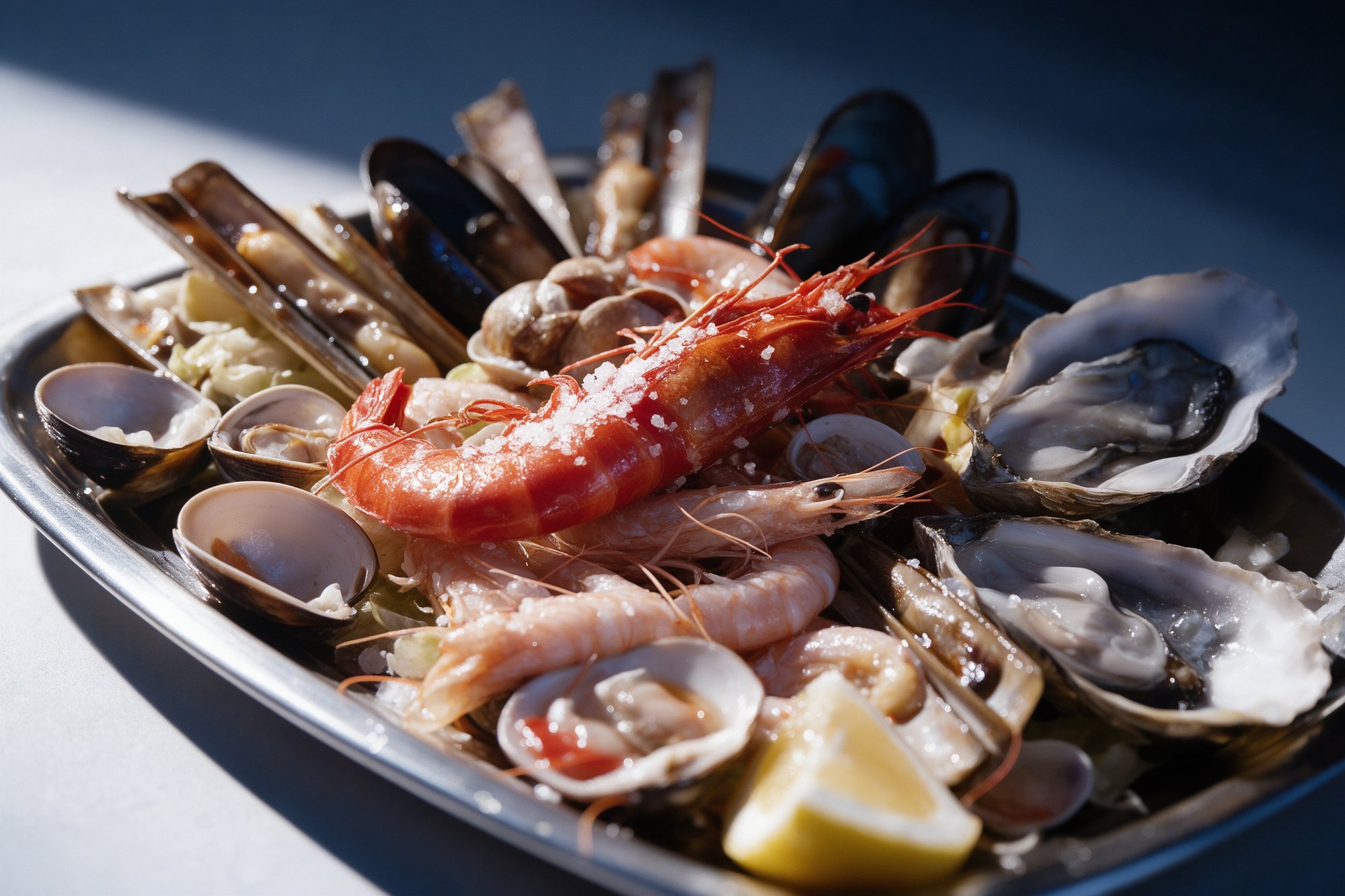Mariscada con carabineros, gambas, mejillones y limon sobre hielo