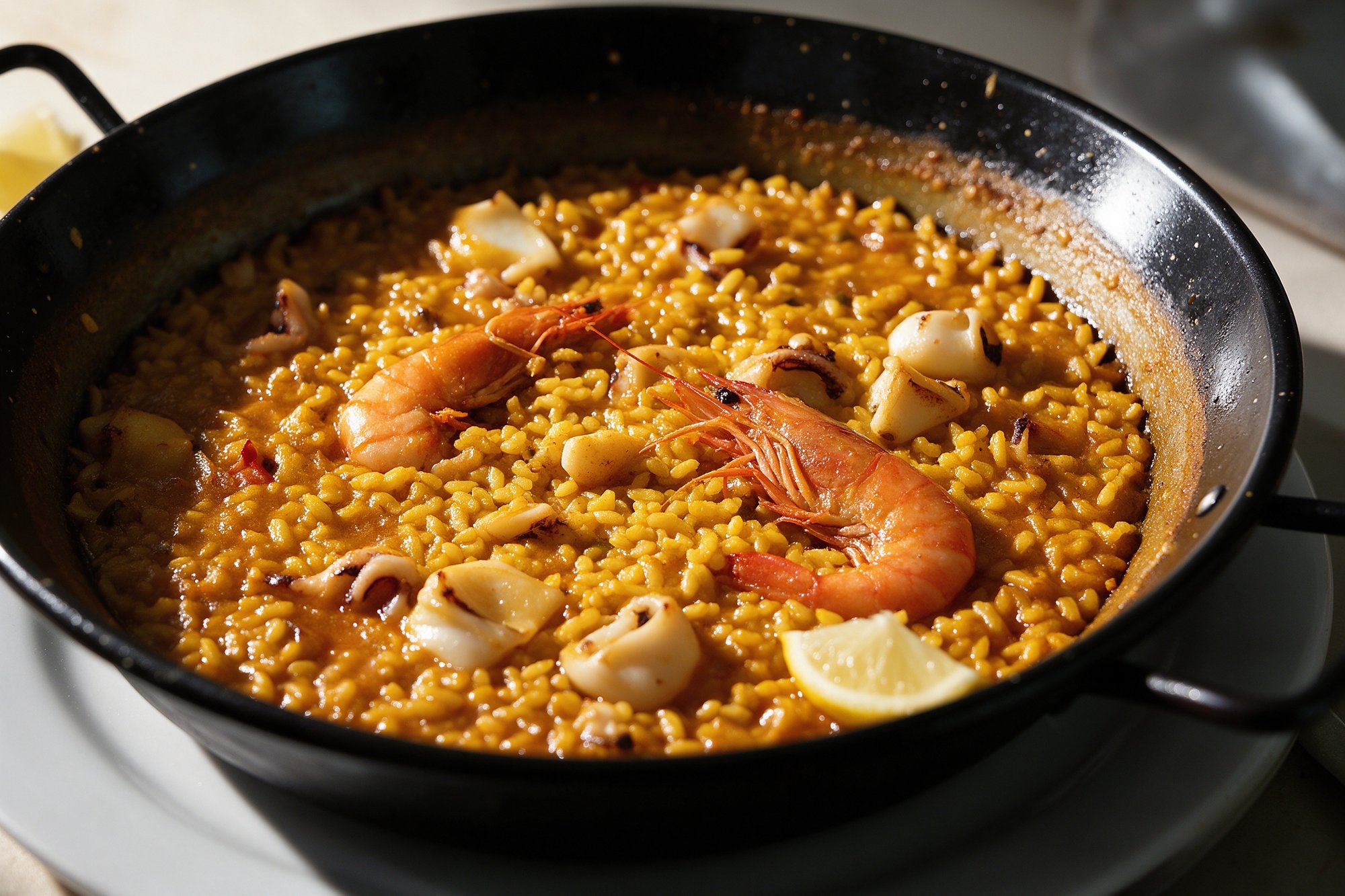 Arroz de marisco con gambas y calamar en paella
